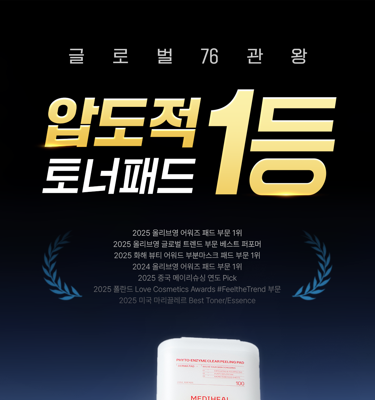 메디힐 더마 패드 올리브영 상세페이지 발췌 - 첫 화면에 76개 어워드 아이콘과 '압도적 토너패드 1등' 선언을 빼곡히 채워 넣었다.