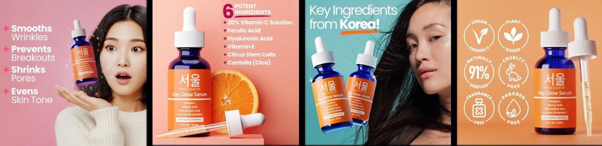 큰 글자와 직접적인 효능 문구로 채운 갤러리 이미지 (출처: 아마존 SeoulCeuticals 리스팅)