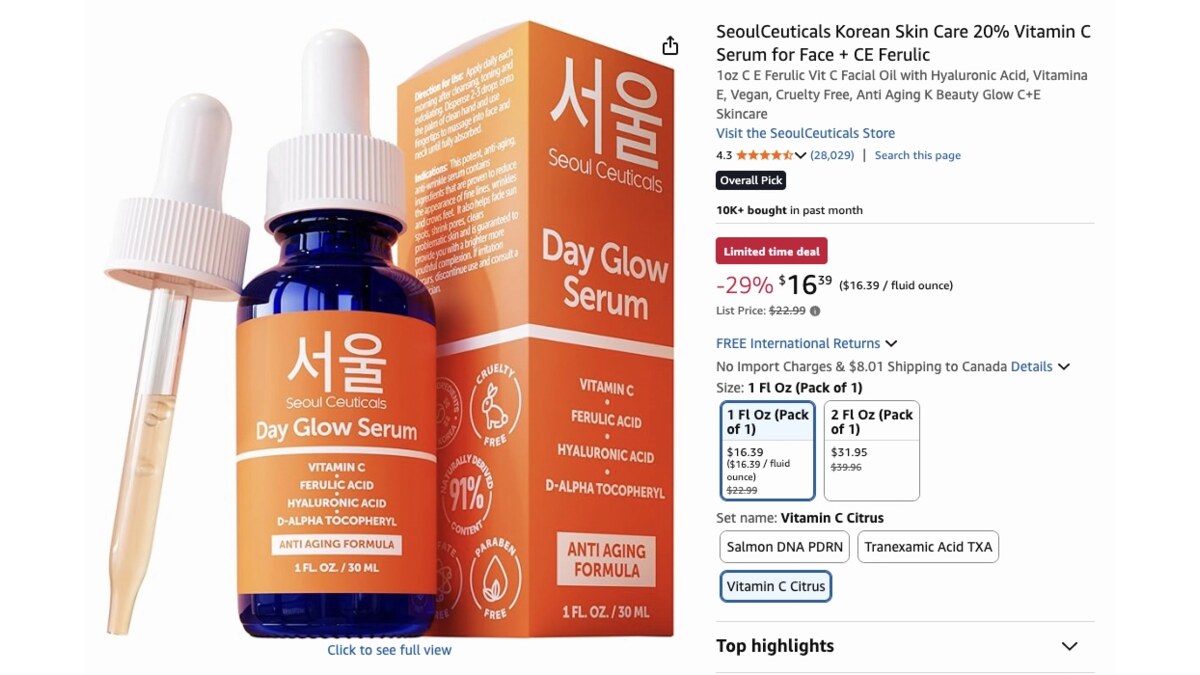 월 1만 개 이상 팔리고 리뷰 2.8만 개인 SeoulCeuticals 세럼 (출처: 아마존 SeoulCeuticals 리스팅)